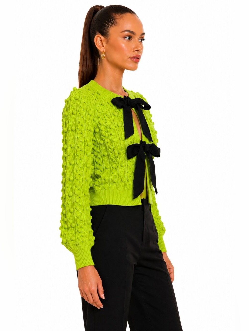 Alice + Olivia Lime Green Kitty Bow Puff Sleeve Cardigan M - Picture 6 of 14